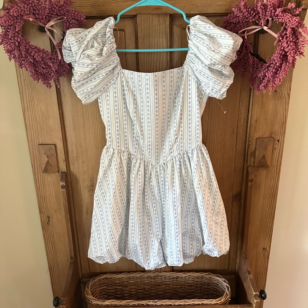 White and Blue Striped Puff Sleeve Dress